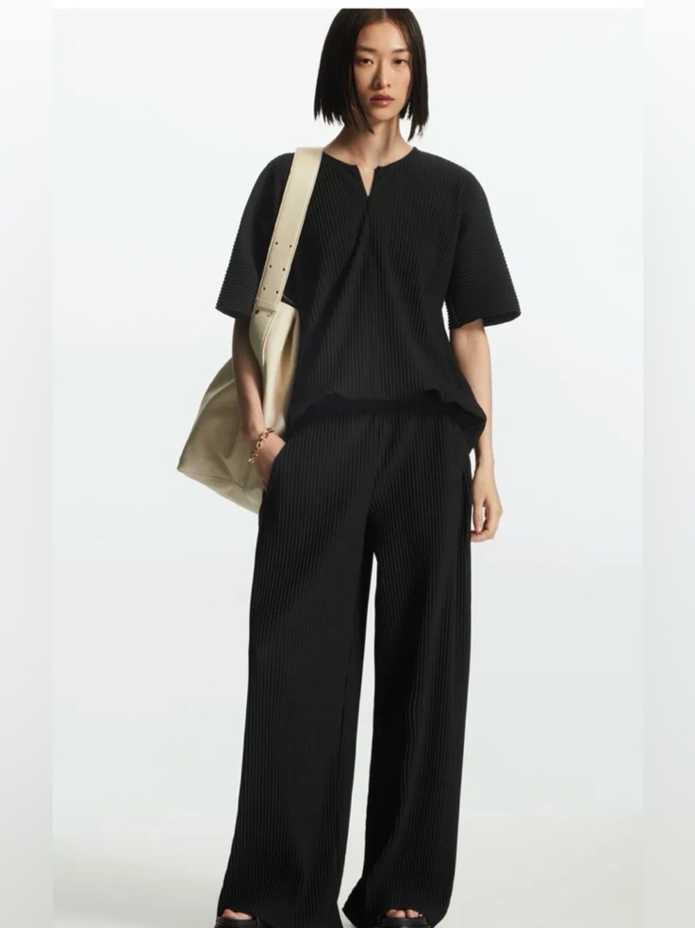 COS Pleated Elasticated Trousers pants black wide leg sz L